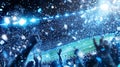 A vibrant stadium scene captures an energetic crowd celebrating a sports event at night. Royalty Free Stock Photo